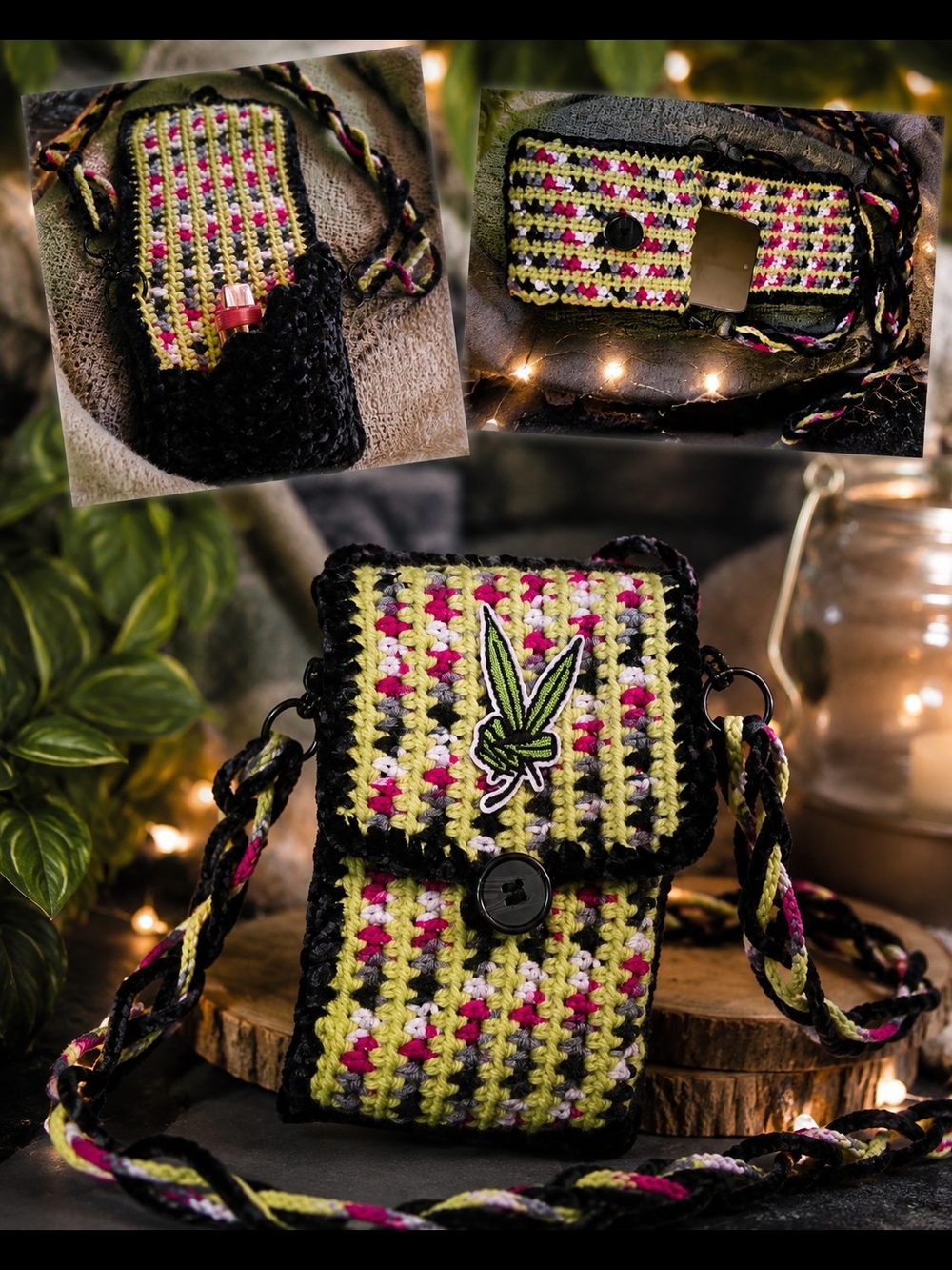 Handmade Crochet Crossbody Bag - Lime, Pink & Black with Leaf Patch